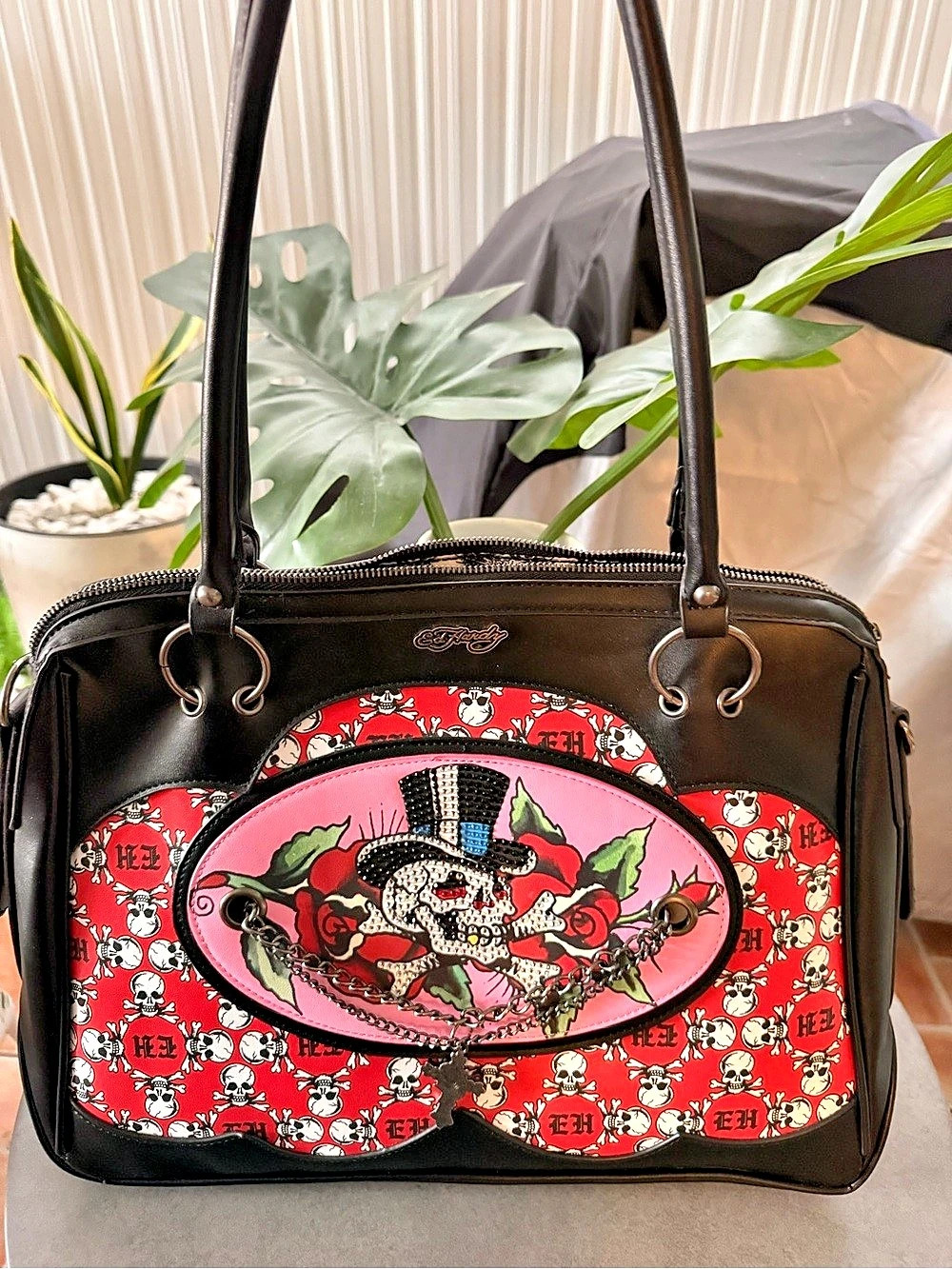 Ed Hardy Skull Gem Tote Handbag Black & Red Shoulder Bag